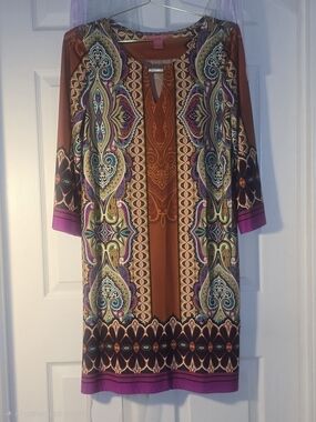 Sunny Leigh Paisley-Pattern Midi Dress in Rust and Purple Accents